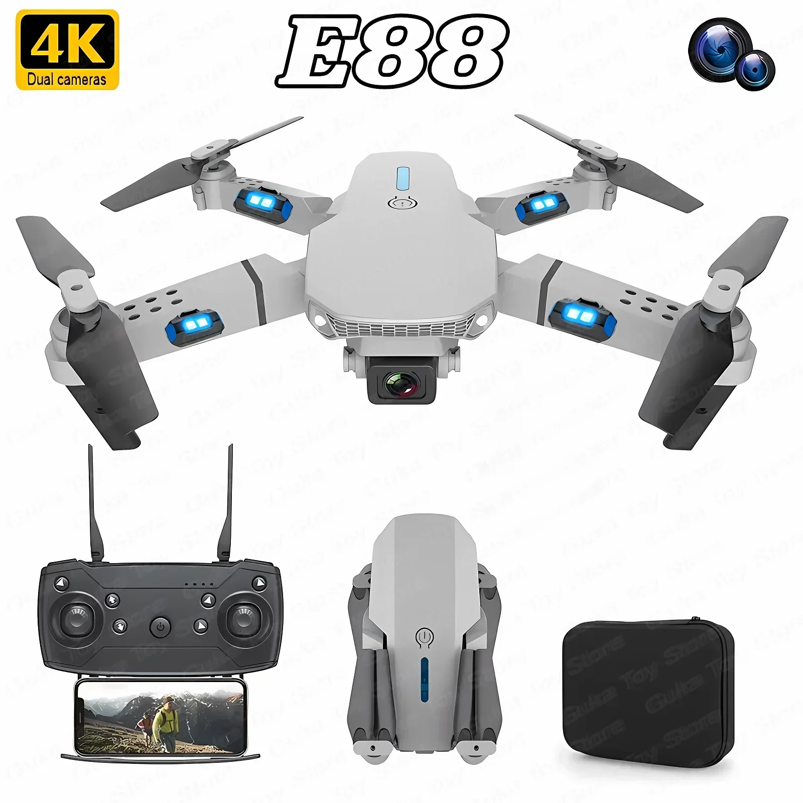 Drone Camera 4K - 折りたたみ式クワッドコプター,e88プロ広角fpv,wifi,hd,4k,1080p,カメラ,高さ保持,rc,ヘリコプターのおもちゃ,男の子へのクリスマスプレゼント